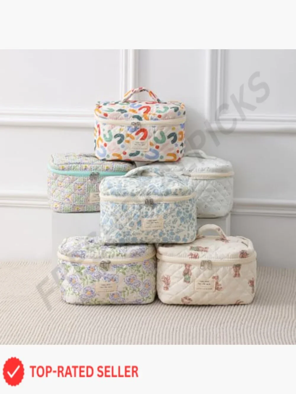 Large Quilted Travel Makeup Bag Floral Cotton Cosmetic Organizer Toiletry